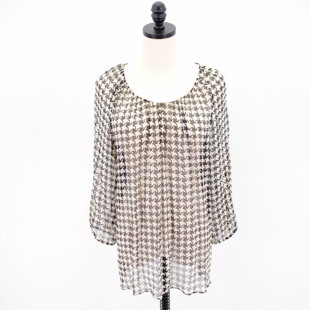 Talbots Large Black White Star Check Sheer Blouse Top Round Neck 3/4 Sleeve